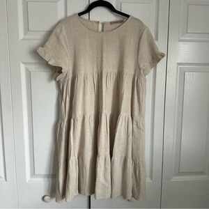 Skylar Rose Beige Short Sleeve Tiered Linen Blend Dress Womens S Boho Babydoll